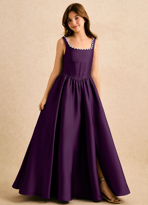 Azazie Enid Girls Formal Sukienki dla dziewczynek sypiących kwiaty Linia A Zroszony Satyna elastyczna Długość podłogi Sukienka image1