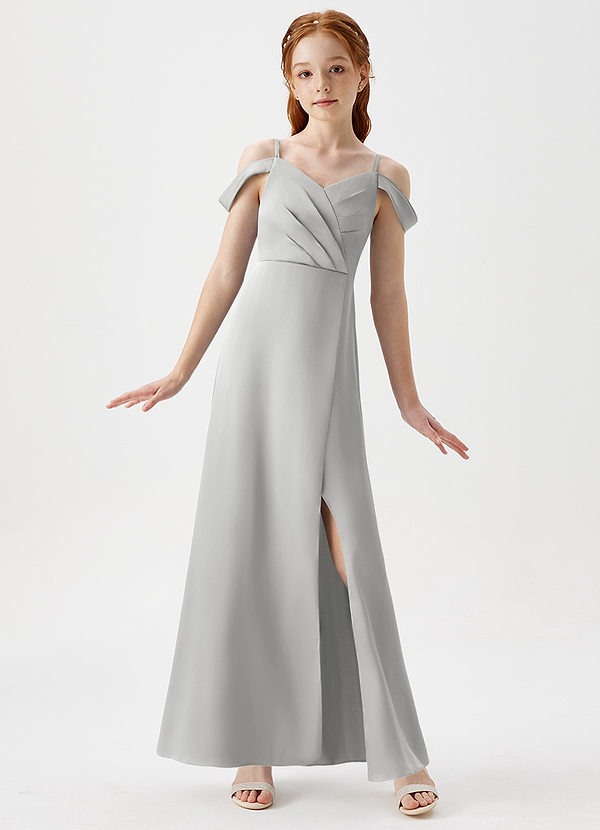 Azazie Ocean Junior Vestido de Plata de Satén Elástico de Corte En A con Vestidos sin tirantes image1