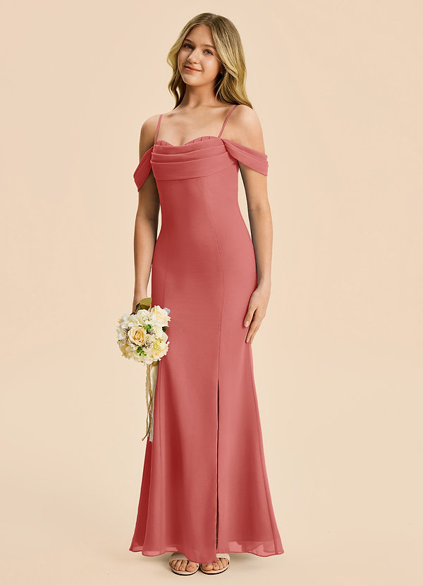 Azazie Nira Junior Vestido Rosa Antigua de Gasa de Corte Sirena con Drapeado image1