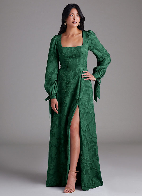 Azazie Leonia Bridesmaid Dresses Dark Green A-Line Long Sleeve Floral Burnout Dress image1
