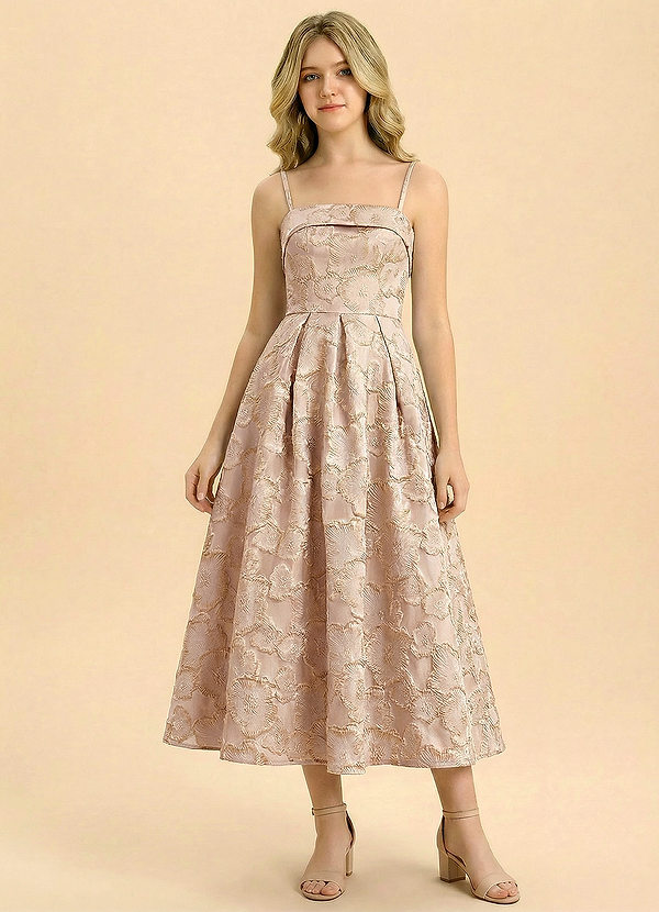 Azazie Florentine Junior Formal A라인 주름진 자카드 태피터 티 길이 주니어 신부 들러리 드레스 image1