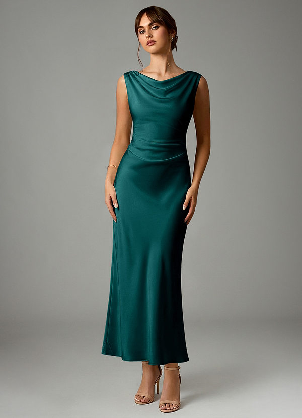 Azazie Kieryn Robes Demoiselle d'honneur Robe Sirène en Satin extensible Plissée Paon image1