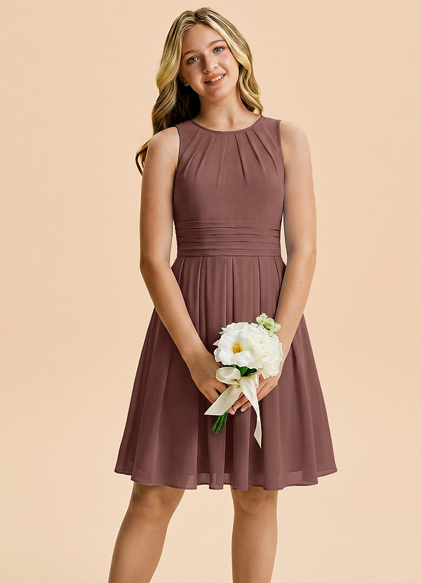 Azazie Bibiane Junior A-Linie Plissee Chiffon Kleid Espresso image1