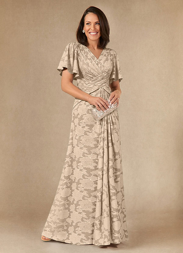 Emmeline Mother of the Brides Dresses Champagne A-Line Pleated Floral Burnout Dress image1