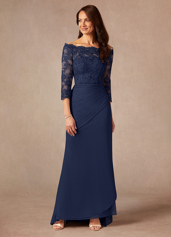 Azazie Rhonda Mother of the Brides Dresses Dark Navy Mermaid Off the Shoulder Mesh Dress image1