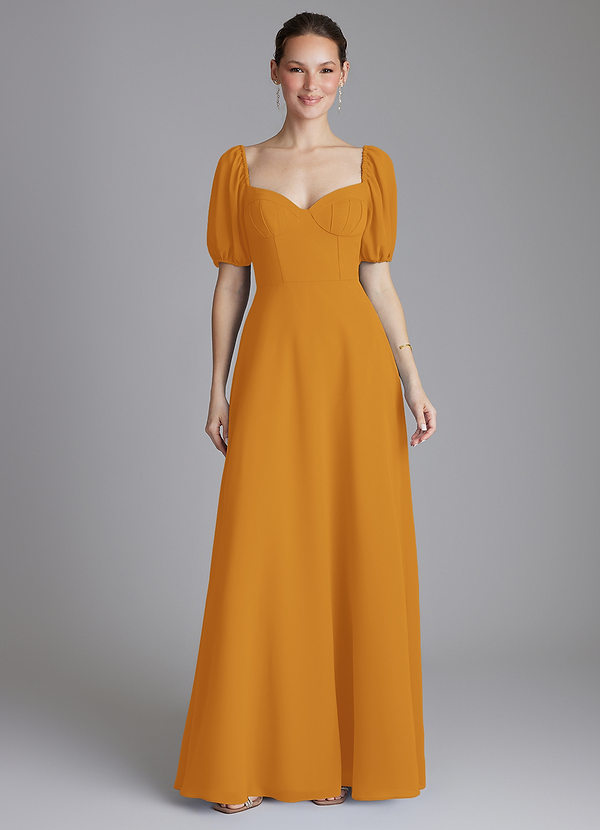 Azazie Fatima Bridesmaid Dresses Butterscotch A-Line with Pockets Chiffon Dress image1