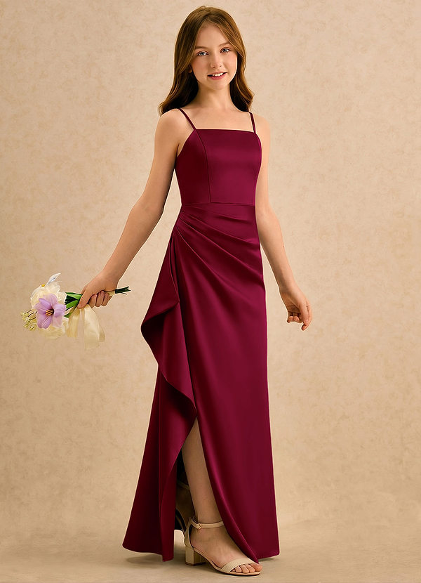 Azazie Cannoli Girls Formal Bloemenmeisjesjurken A-Lijn Jurk van Stretch Satijn Geplooid Bourgondië image1