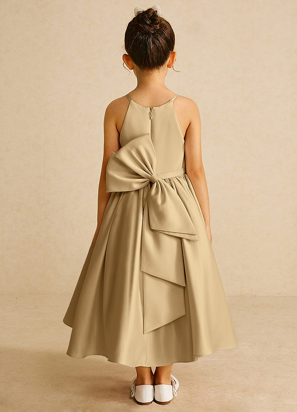 Azazie Sunray Flower Girl Dresses Gold A-Line Spaghetti Strap Matte Satin Dress image1