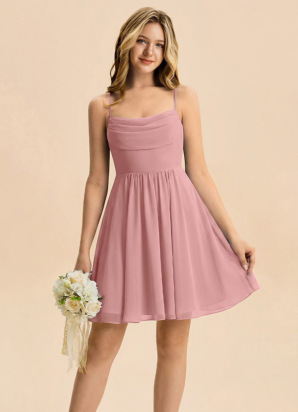 Azazie Bear Junior Vestido de Rosa Polvorienta de Gasa de Corte en A con Plisado image1