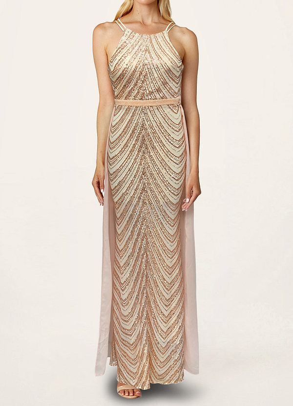 front Simply Starstruck Champagne Sequin Halter Maxi Dress