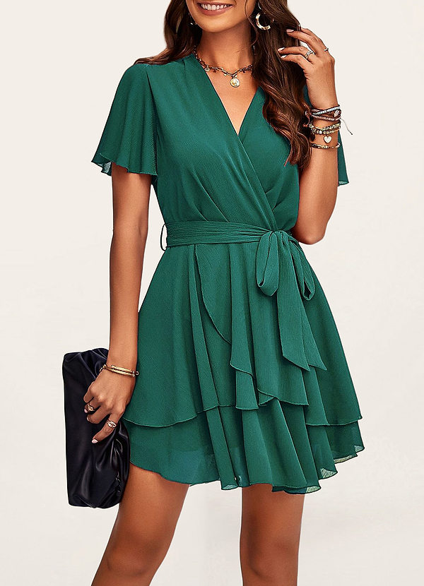 front Downright Darling Dark Emerald Ruffled Short Sleeve Mini Dress