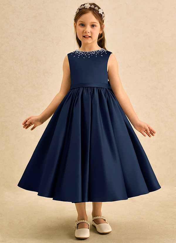 Azazie Doodle Flower Girl Dresses Dark Navy Ball-Gown Bow Matte Satin Dress image1