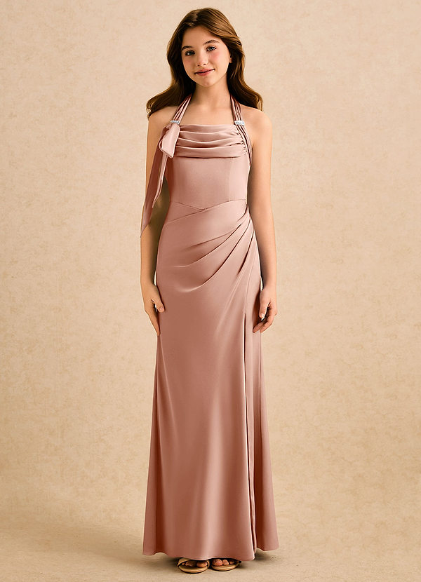 Azazie Snow Girls Formal Blomsterpigekjoler Skede Plisseret Stræk satin Gulv-længde Kjole image1