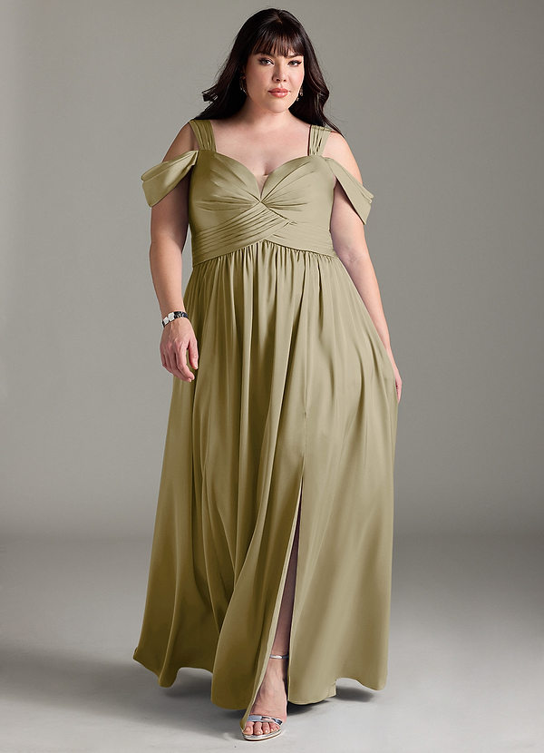Azazie Lianne Bridesmaid Dresses Moss Green A-Line Off the Shoulder Stretch Satin Dress image1
