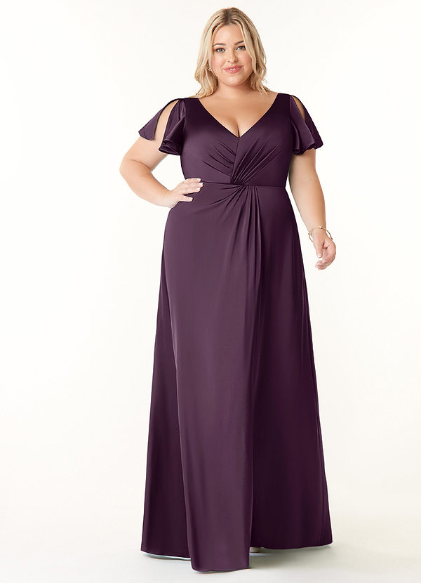 Azazie Soren Bridesmaid Dresses Plum A-Line Pleated Stretch Satin Dress image1
