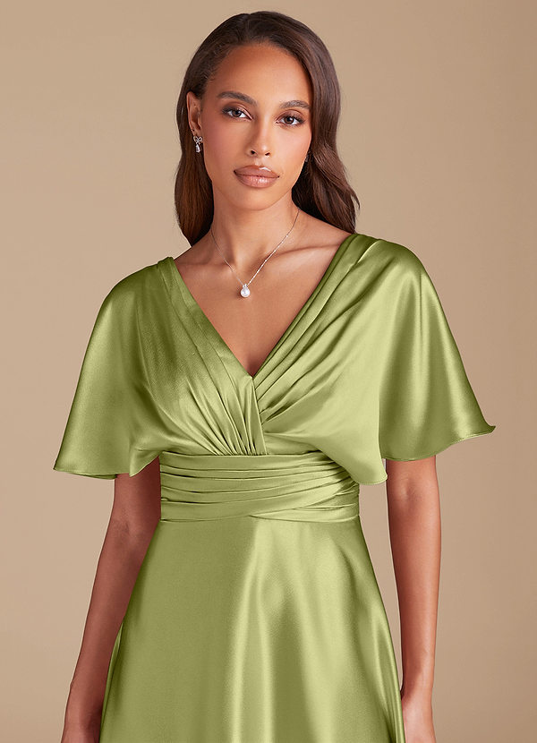 Azazie Pamela Bruidsmeisjes Jurken Jurk van Metaalachtig Satijn met A-Lijn Geplooid Pistache image1