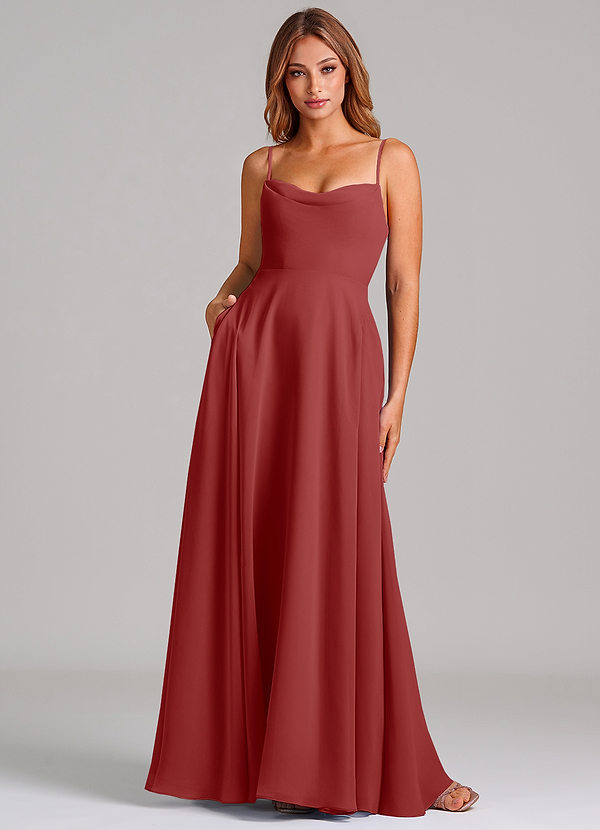 Azazie Elle 신부 들러리 드레스 A라인 주름진 쉬폰 바닥 길이 드레스 image1