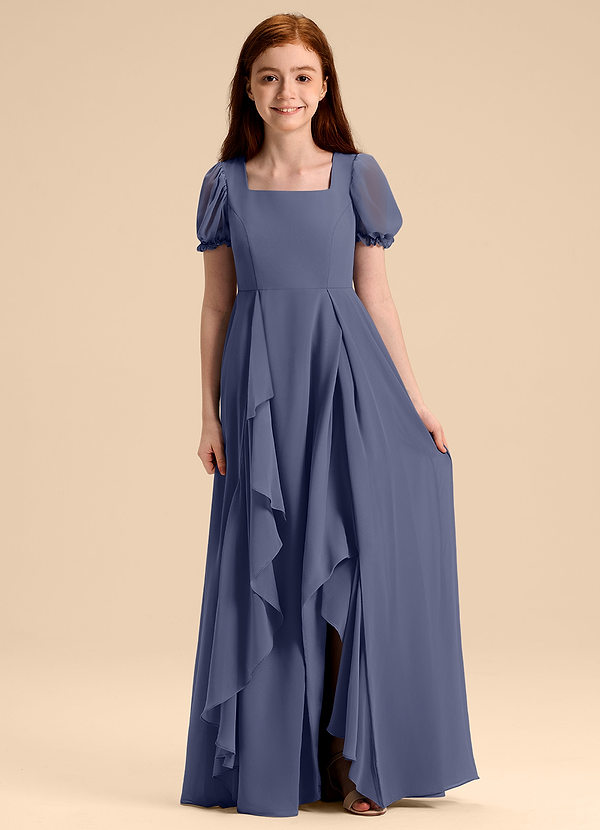 Azazie Priya Junior Robe Trapèze en Mousseline de soie Blouson Bleu Orageux image1