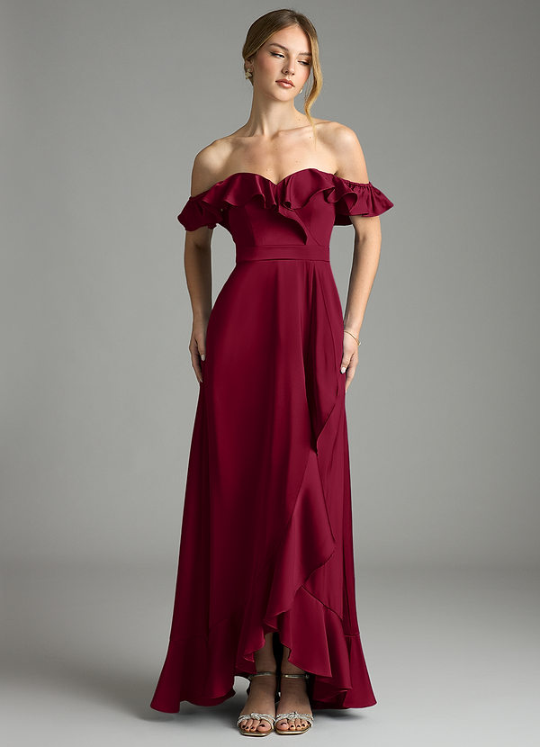 Azazie Lyra Bridesmaid Dresses Burgundy A-Line Off the Shoulder Stretch Satin Convertible Dress image1