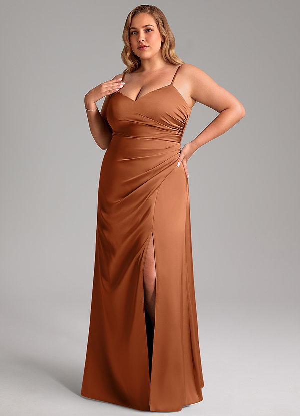 Azazie Azuree Bridesmaid Dresses Copper A-Line Pleated Stretch Satin Dress image1