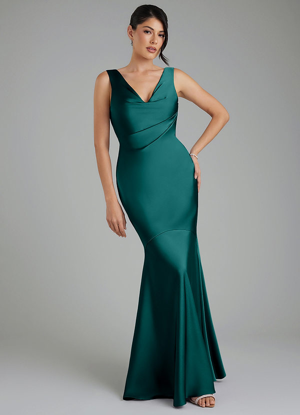 Azazie Monica Bridesmaid Dresses Peacock Mermaid Pleated Stretch Satin Dress image1