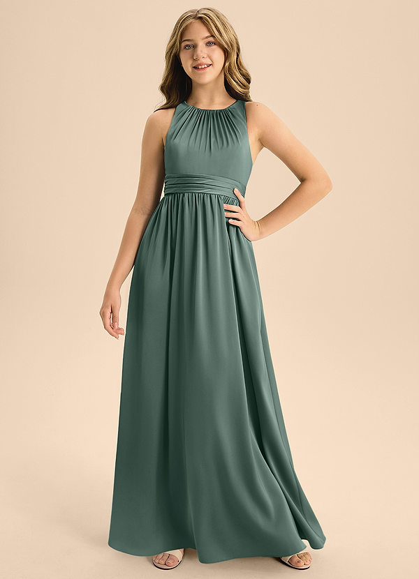 Azazie Jaylah Junior Sea Moss A-Line Pleated Stretch Satin Dress image1