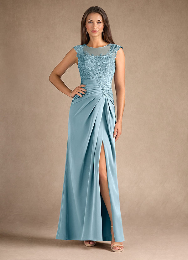 Azazie Santa Barbara Vestidos de Madre de la Novia Vestido de Azul Malhumorado de Satén Elástico de Recto con Plisado image1