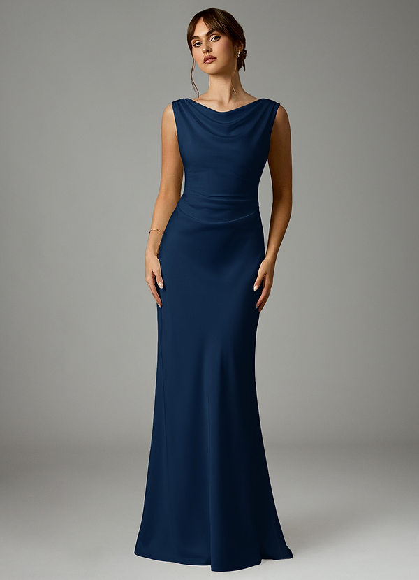 Azazie Kieryn Robes Demoiselle d'honneur Robe Sirène en Satin extensible Plissée Bleu Marine Foncé image1