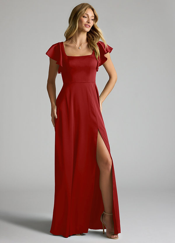 Azazie Bondi Bridesmaid Dresses Pomegranate A-Line Bow Stretch Satin Dress image1