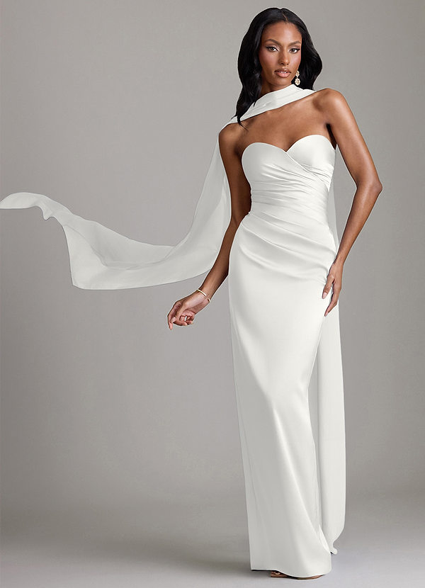 Azazie Sonora Vestidos Dama de Honor Vestido de Blanco de Satén Elástico de Corte Recto con Sin tirantes image1