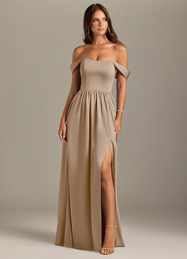 Azazie Calianna Bridesmaid Dresses Taupe A-Line Off the Shoulder Stretch Satin Convertible Dress image1