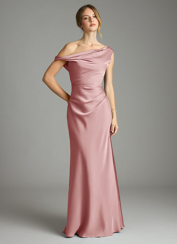 Azazie Emerson Brudtärneklänningar Klä av Sjöjungfru i Stretch Satin Av axeln Dammig Ros image1