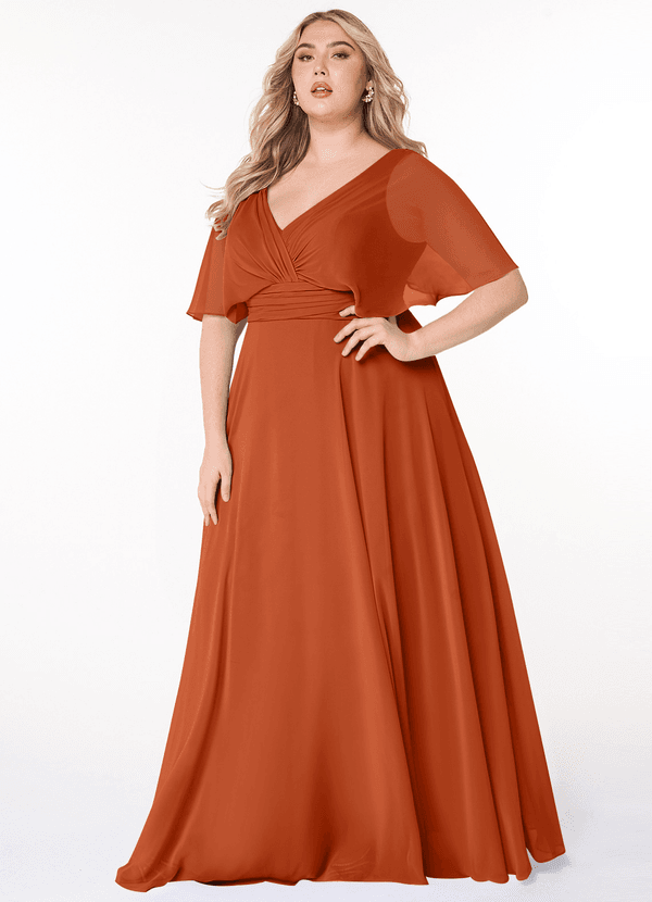 Azazie Pamela Bridesmaid Dresses Burnt Orange A-Line V-Neck Pleated Chiffon Dress image1