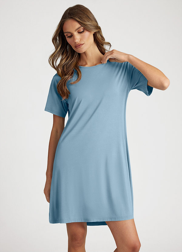 front Zakurzony Niebieski Bamboo Fiber T-Shirt Dress