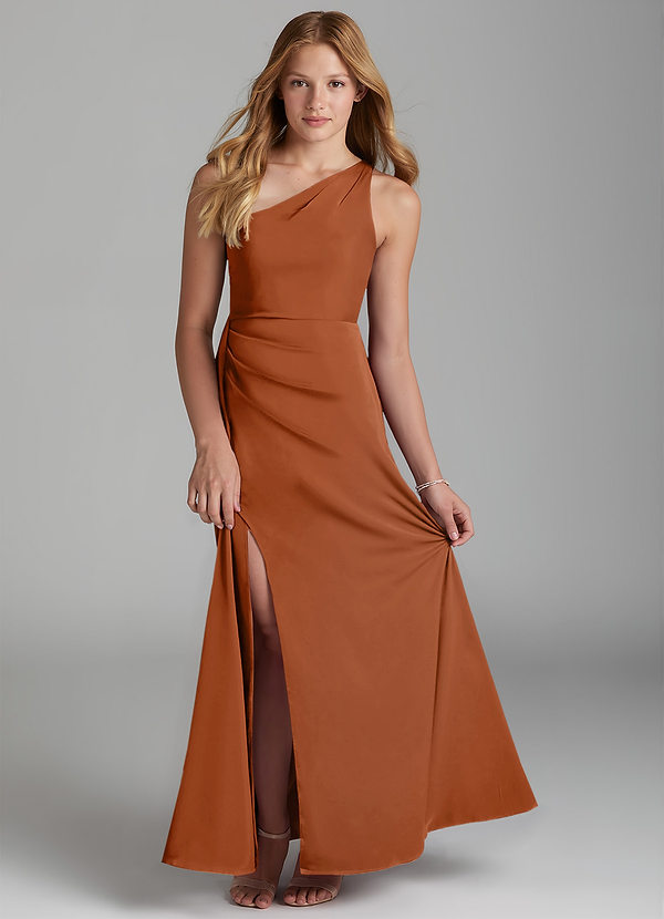 Azazie Maron Junior Vestido Cobre de Cetim elástico de Linha A com Plissado image1