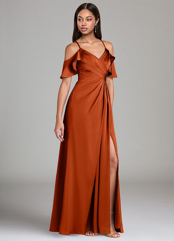 Azazie Dakota Bridesmaid Dresses Paprika A-Line Off the Shoulder Stretch Satin Dress image1