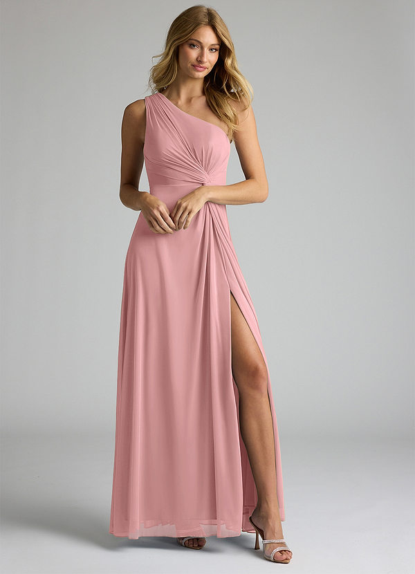 Azazie Brooke Vestidos Dama de Honor Vestido de Rosa Polvorienta de Malla de Corte en A con Hombro unilateral image1