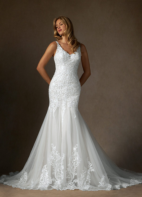 Azazie Diva Wedding Dresses Diamond White Mermaid V-Neck Sequins Tulle Dress image1