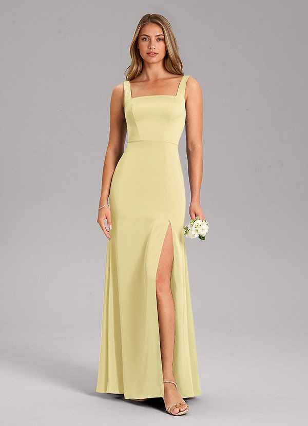 Azazie Frostine Bridesmaid Dresses Lemon Sorbet A-Line Bow Stretch Satin Dress image1