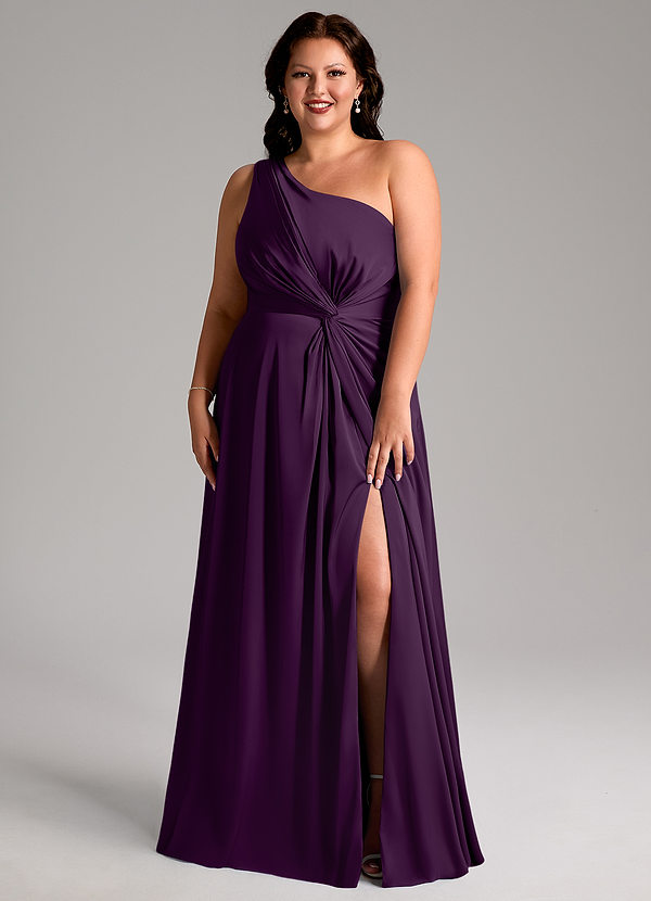 Azazie Brooke Robes Demoiselle d'honneur Robe Trapèze en Satin extensible Ue épaule Grain De Raisin image1
