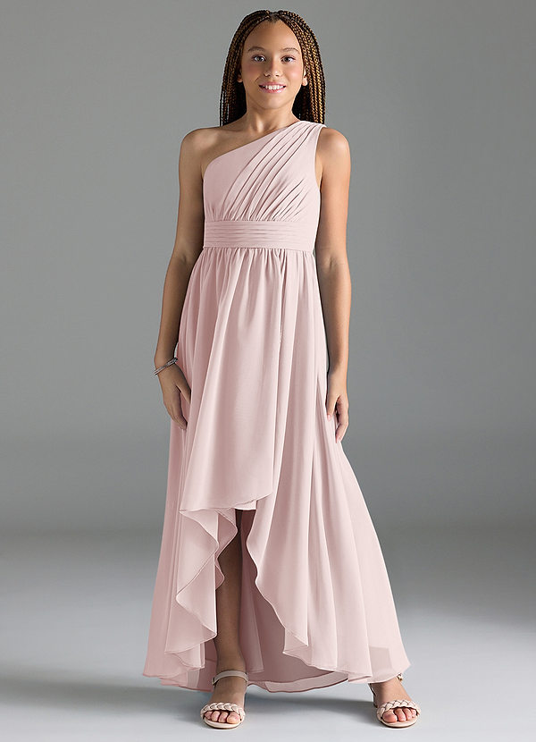 Azazie Mathilda Junior Blushing Pink A-Line Pleated Chiffon Dress image1