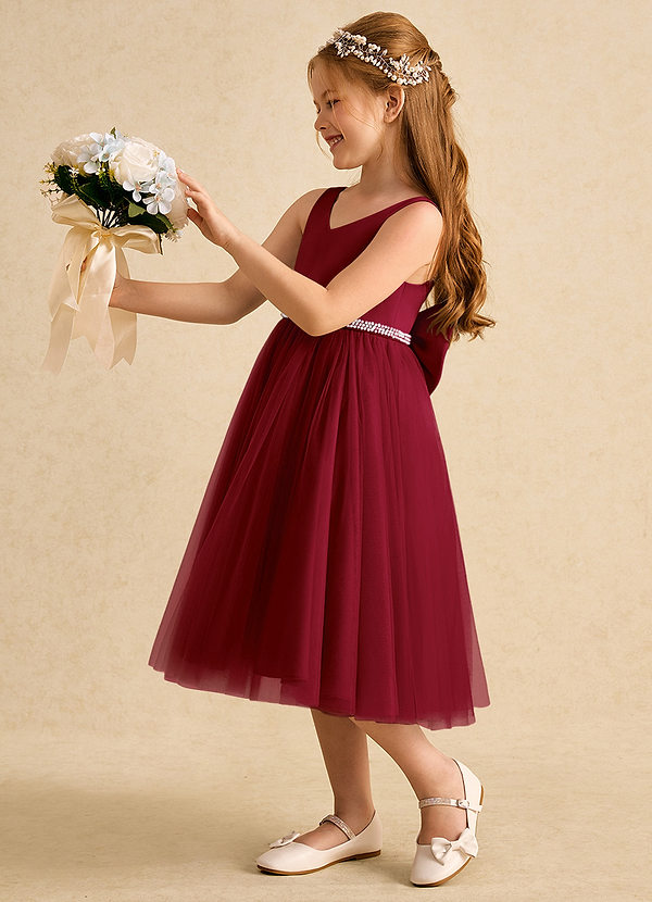Azazie Firefly Vestidos de Niña de Flores Vestido de Borgoña de Satin Mate de Corte En A con Lazo image1