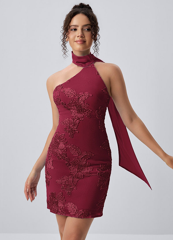Helene Merlot Mini abito con scollo all'americana, stampa floreale 3D e schiena scoperta. image1