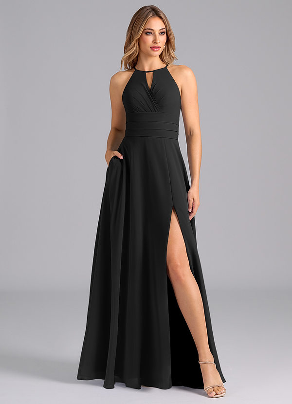 Azazie Denver Bridesmaid Dresses Vestido Preto de Chiffon de Linha A com Plissado image1