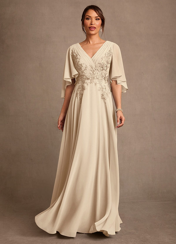 Azazie Tilda Mother of the Bride Dresses Vestido Champanhe de Chiffon de Linha A com Renda image1