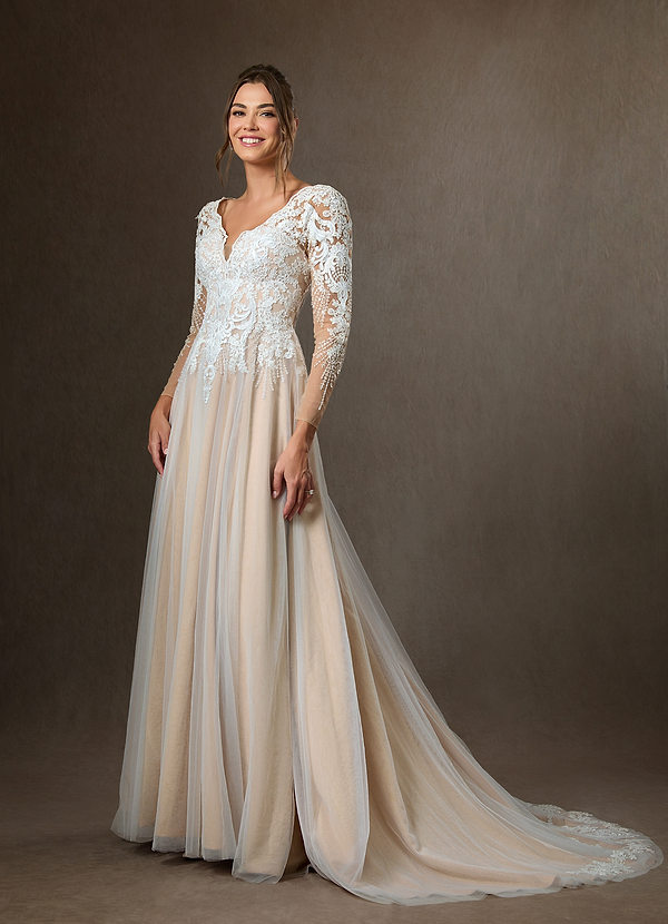 Azazie Essy Wedding Dresses Diamond White Champagne A-Line V-Neck Sequins Tulle Dress image1