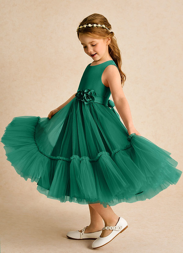 Azazie Miracle Flower Girl Dresses Emerald A-Line Bow Matte Satin Dress image1