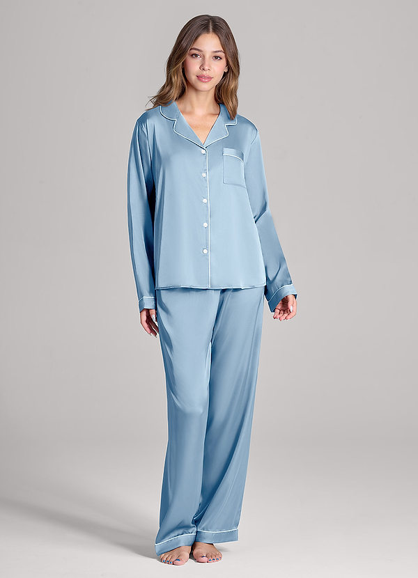 front Airy Blue Long Sleeves and Pants Satin PJ Set