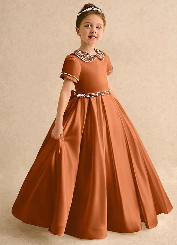 Azazie Gabriella Flower Girl Dresses Copper Ball-Gown with Sleeves Matte Satin Dress image1