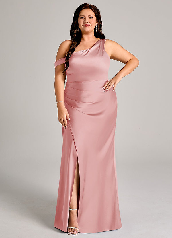 Azazie Madelyn Robes Demoiselle d'honneur Robe Sirène Convertible en Satin extensible Une épaule Rose Poudré image1